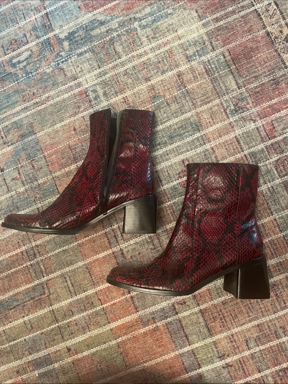 Madison Studio Burgundy Snakeskin Block Heel Ankle Boots